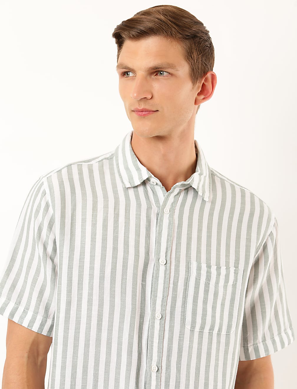 Linen Mix Striped Spread Collar Shirt