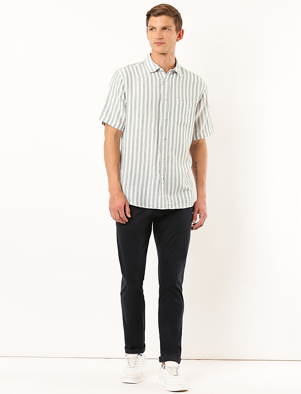 Linen Mix Striped Spread Collar Shirt