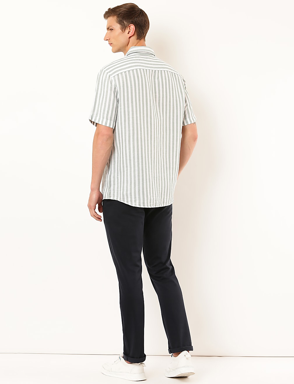 Linen Mix Striped Spread Collar Shirt