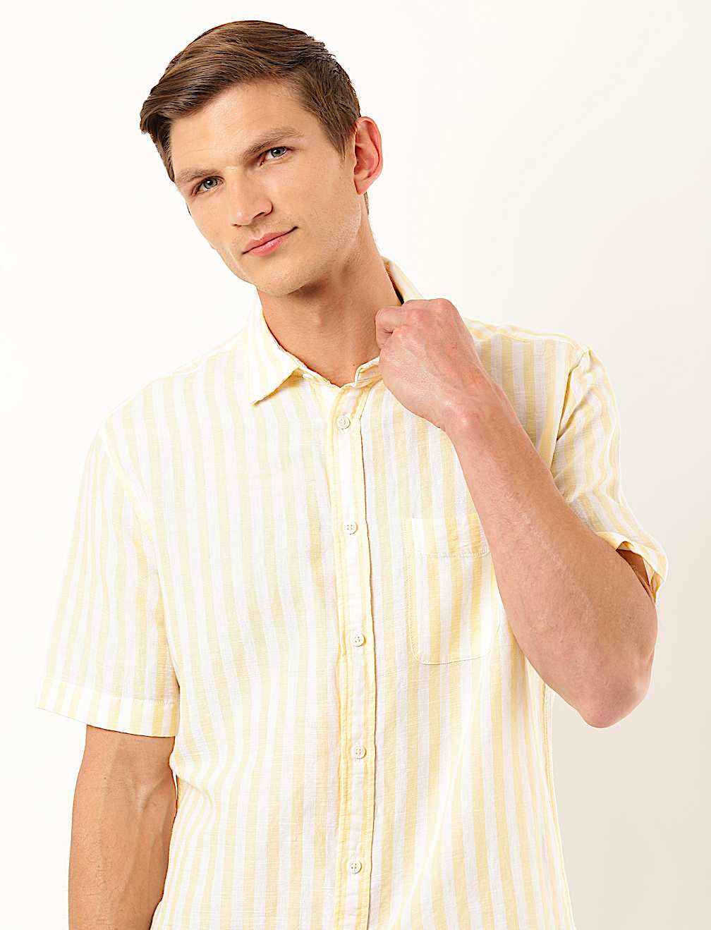 Linen Mix Striped Spread Collar Shirt
