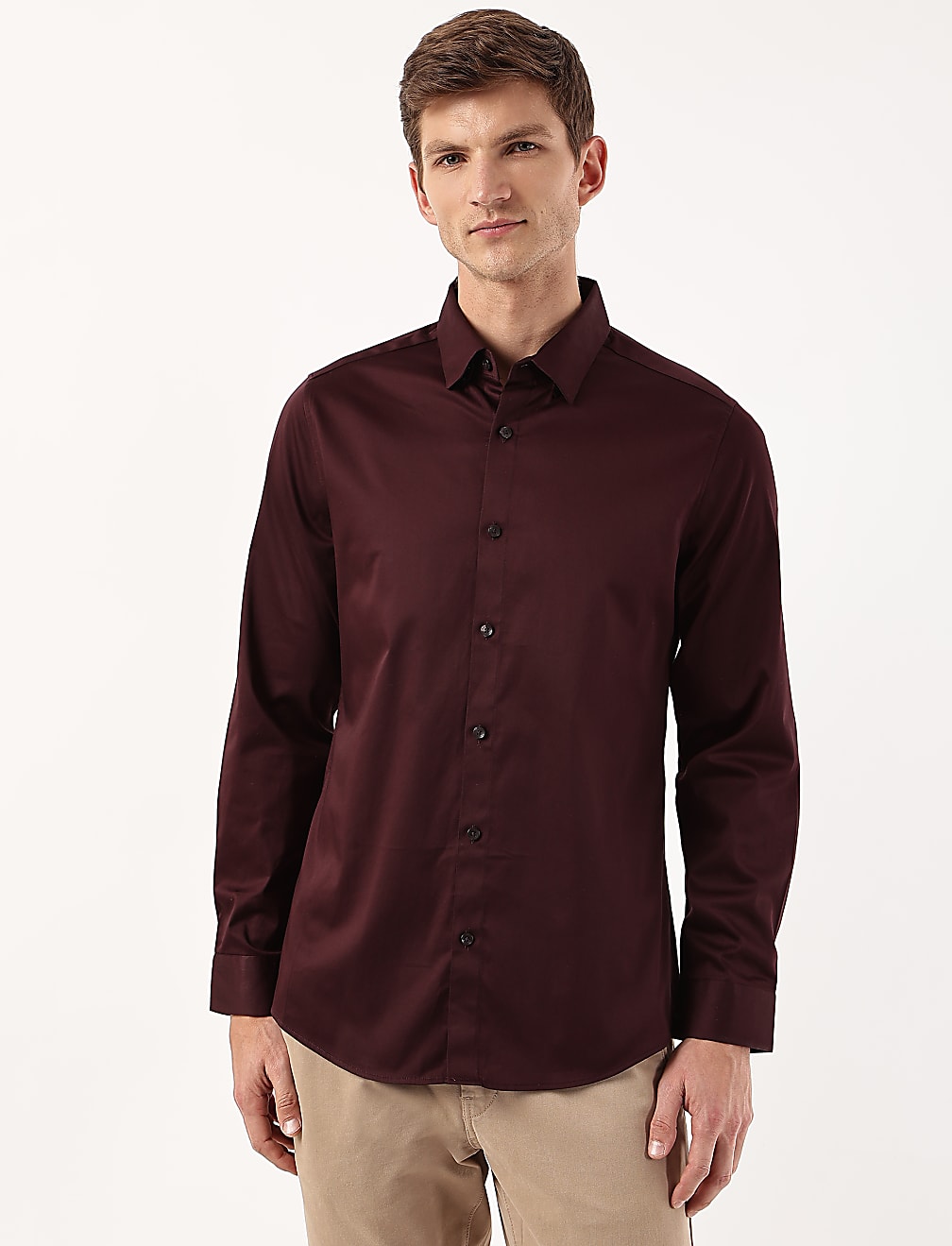 Cotton Mix Plain Spread Collar Shirt