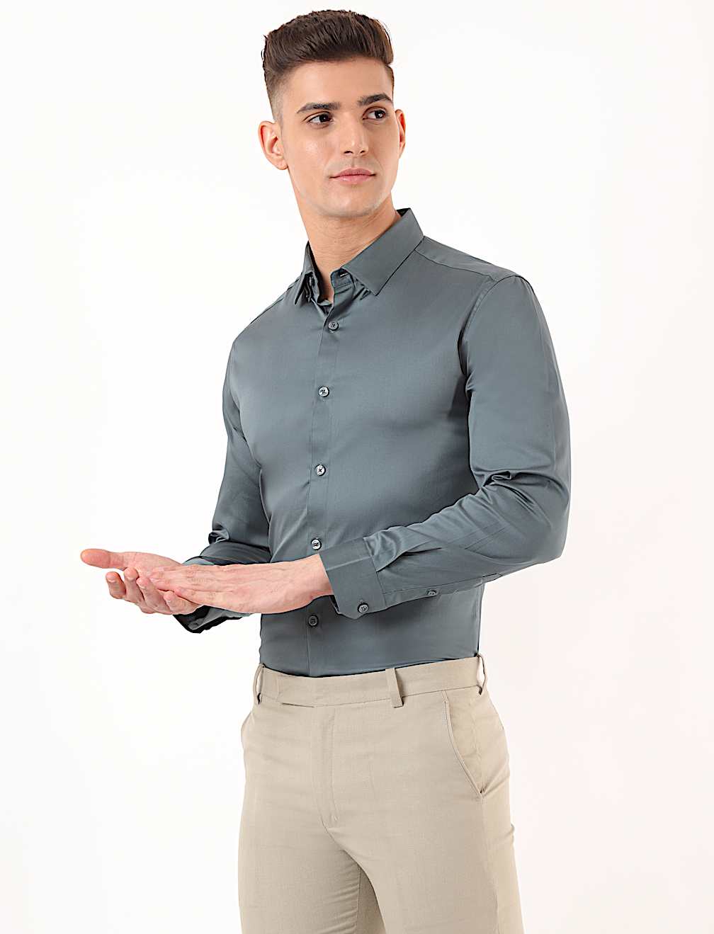 Cotton Mix Plain Spread Collar Shirt