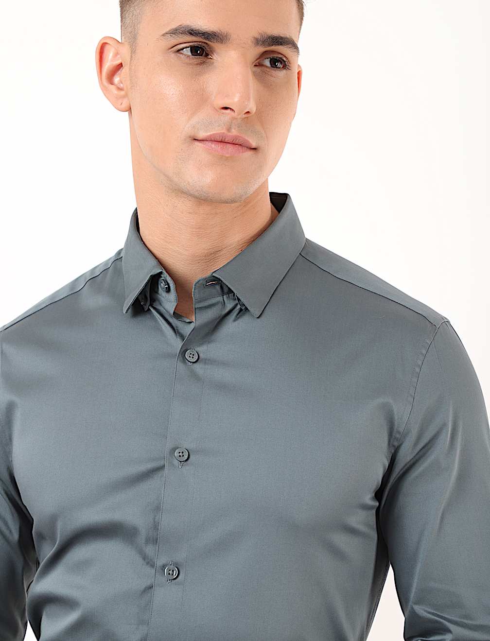 Cotton Mix Plain Spread Collar Shirt