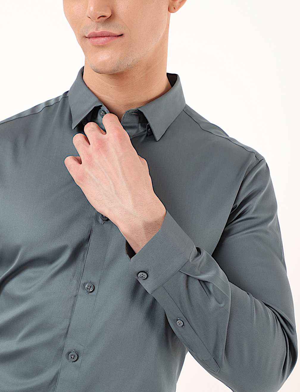 Cotton Mix Plain Spread Collar Shirt
