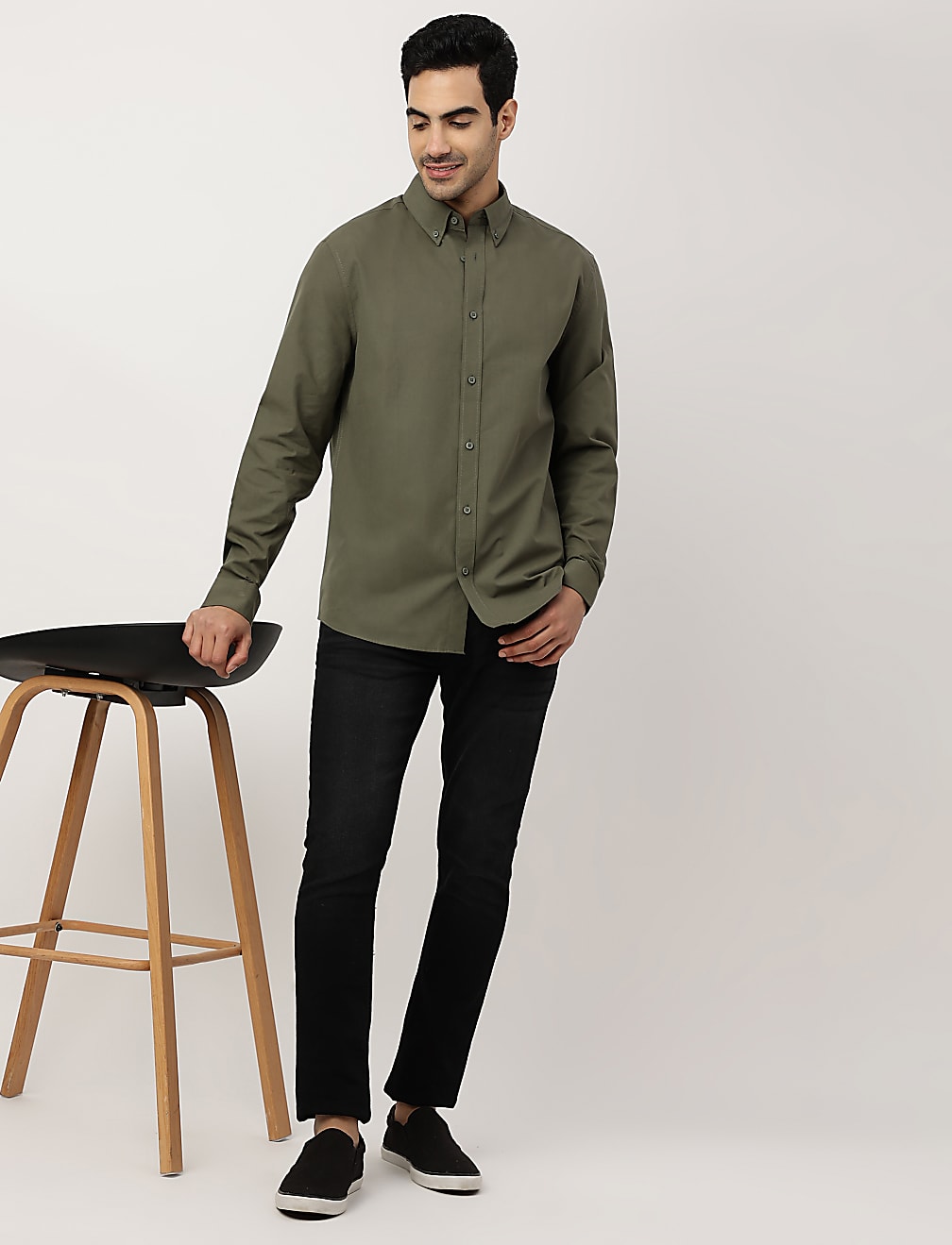 Pure Cotton Plain Button-down Collar Shirt