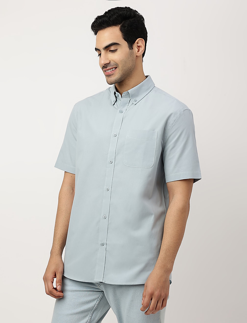 Pure Cotton Plain Button-down Collar Shirt