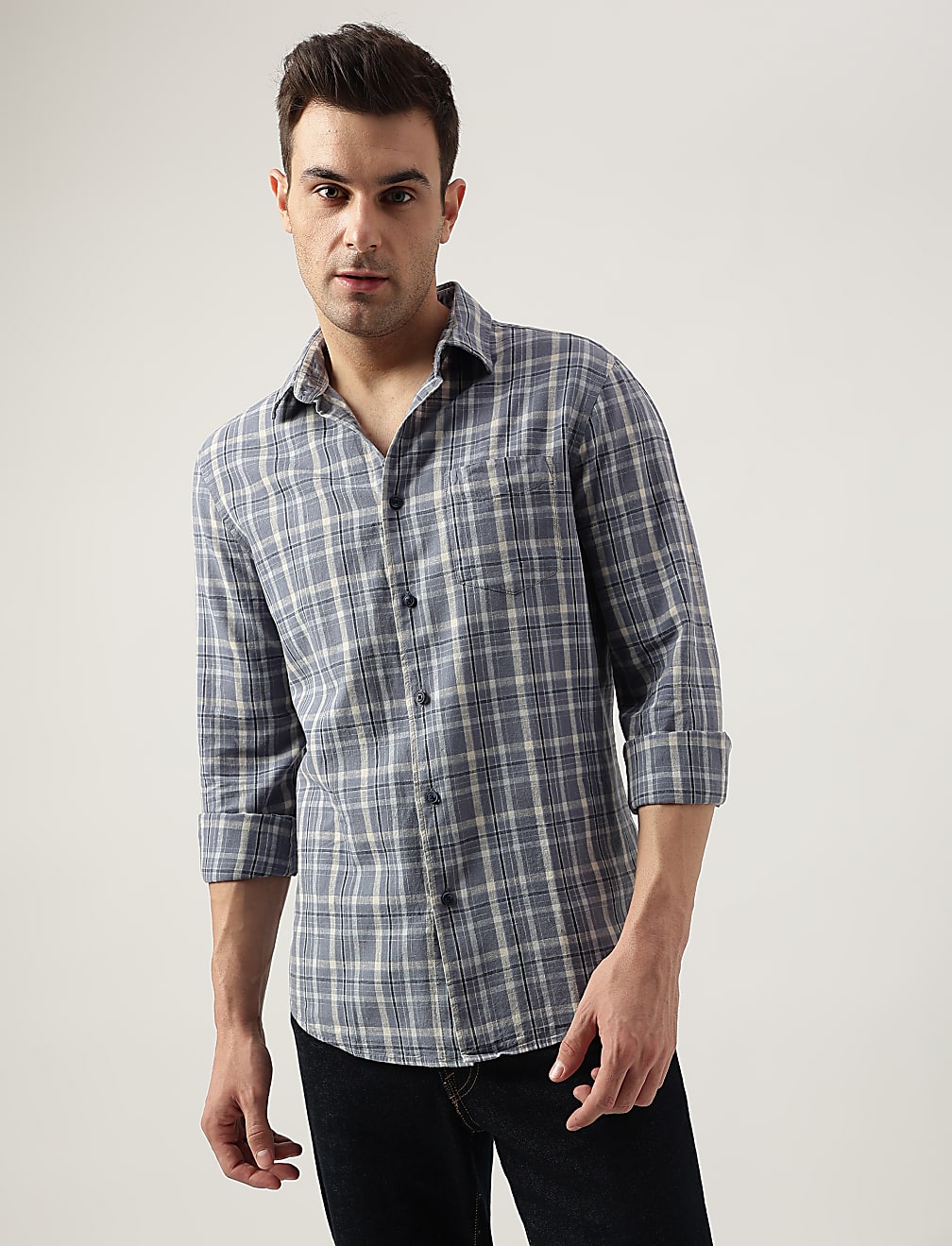 Regular Fit Linen Blend Checked Shirt
