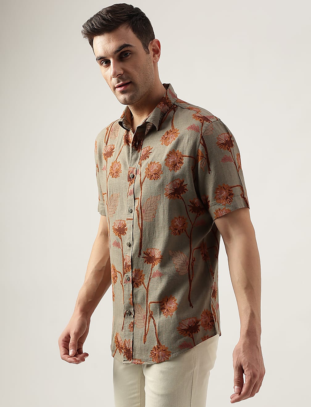 Regular Fit Linen Blend Printed Shirt
