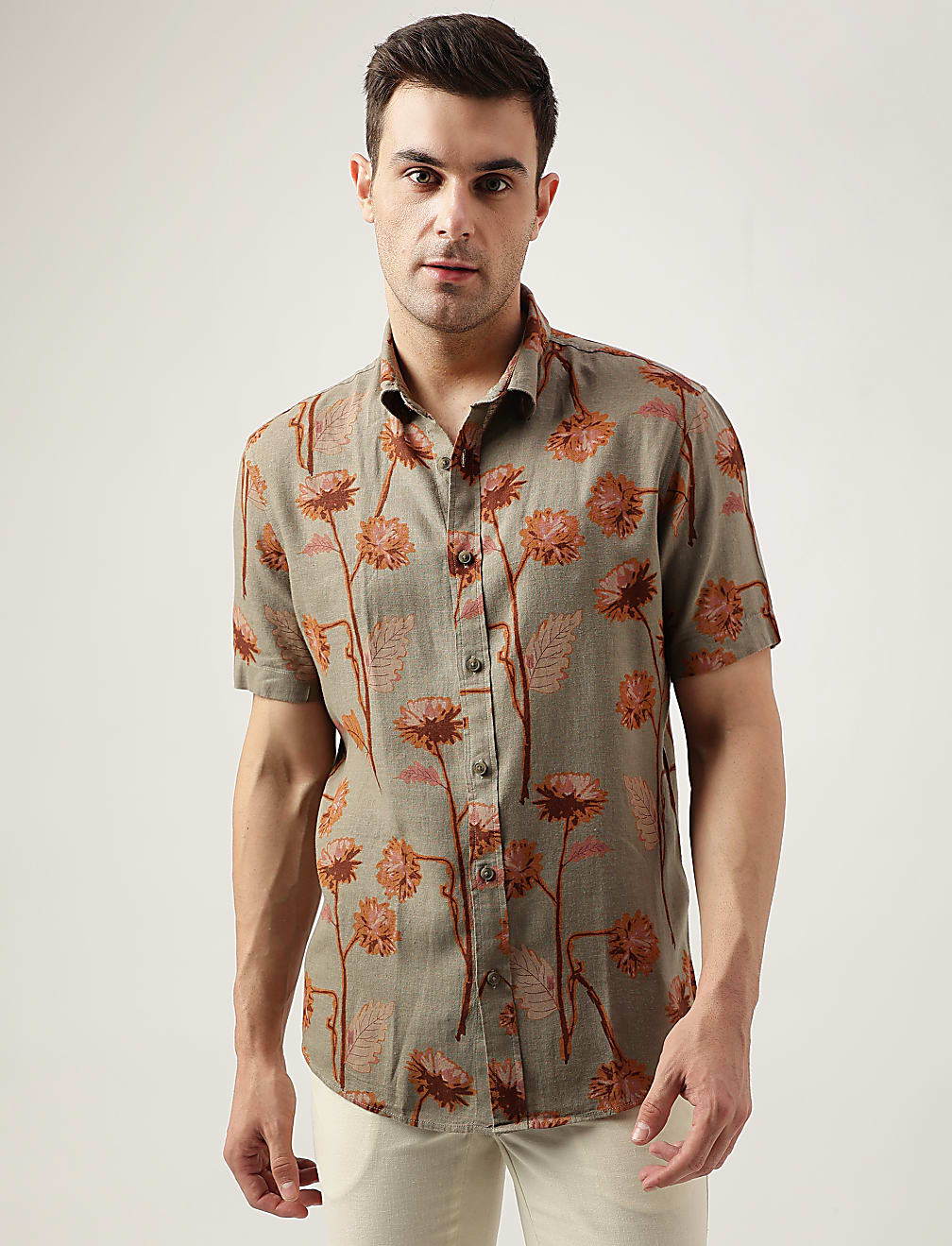 Regular Fit Linen Blend Printed Shirt
