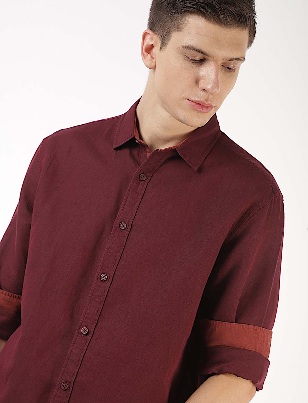 Linen Mix Plain Spread Collar Shirt
