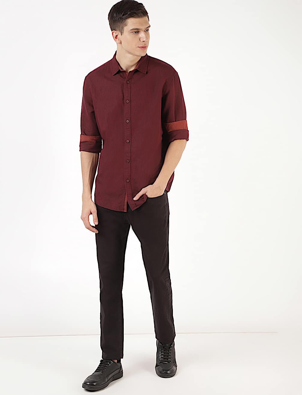Linen Mix Plain Spread Collar Shirt