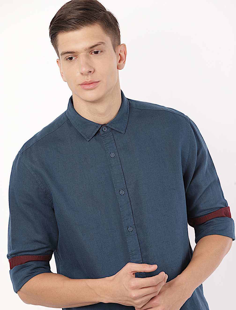 Linen Mix Plain Spread Collar Shirt