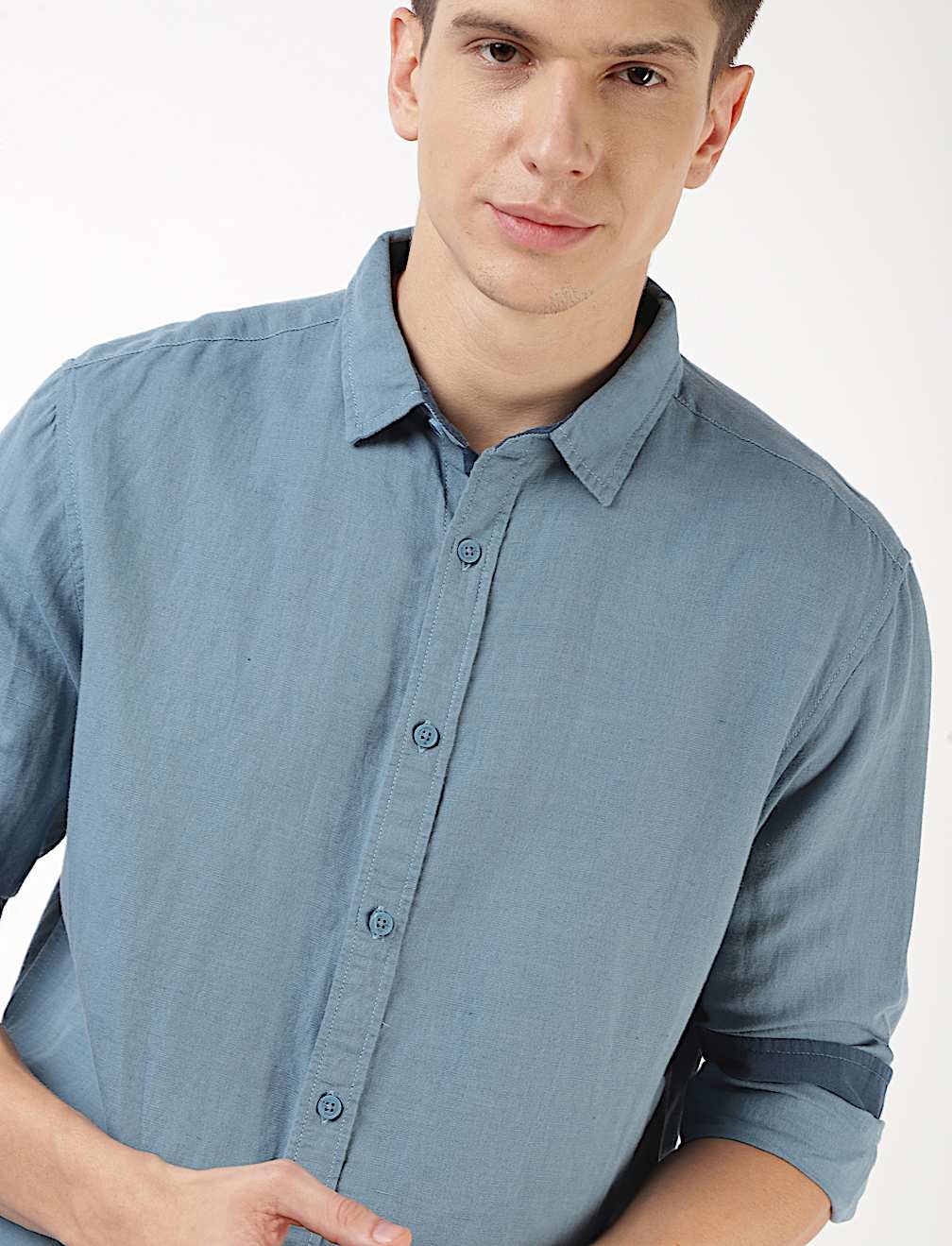 Linen Mix Plain Spread Collar Shirt