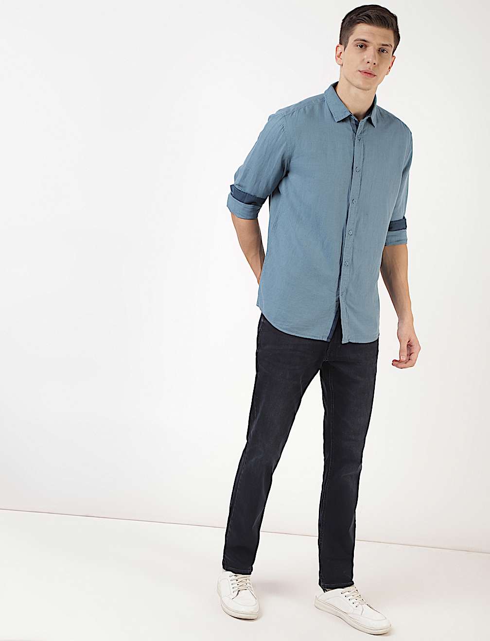 Linen Mix Plain Spread Collar Shirt