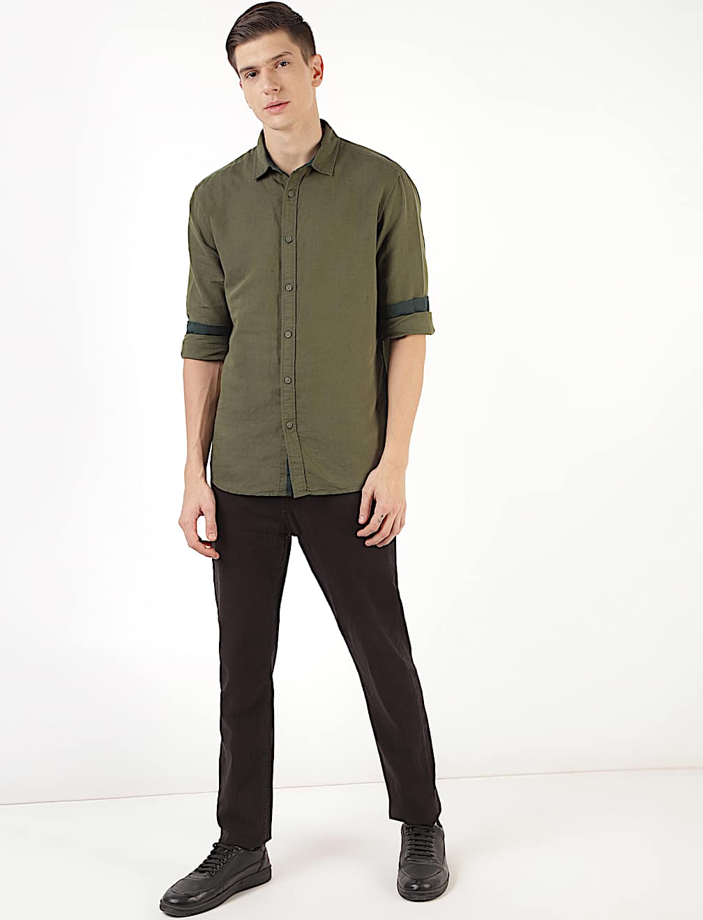 Linen Mix Plain Spread Collar Shirt