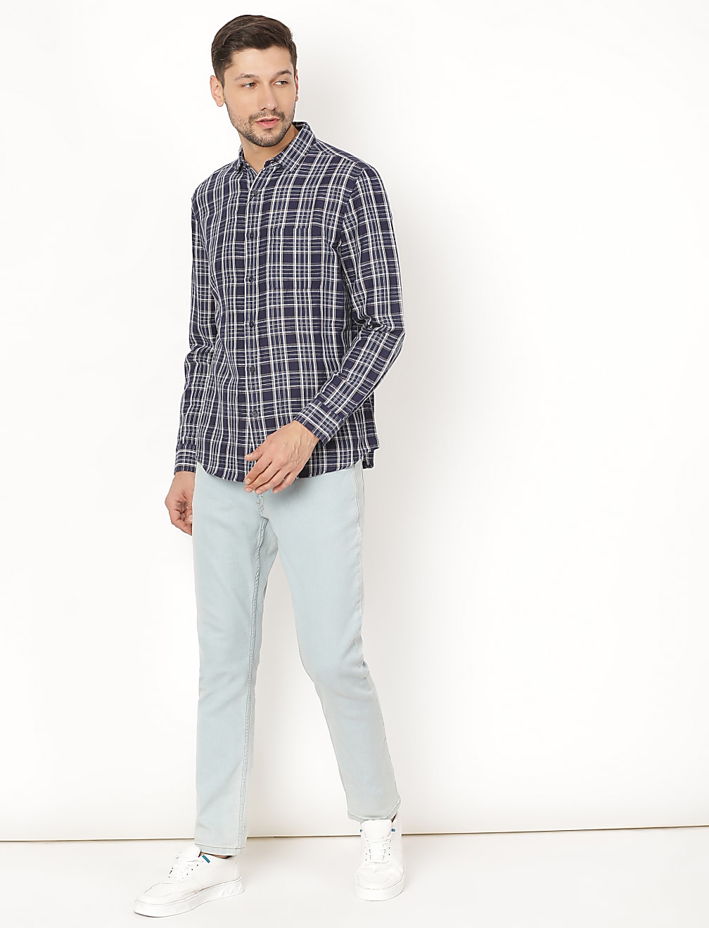 Linen Mix Checked Spread Collar Shirt