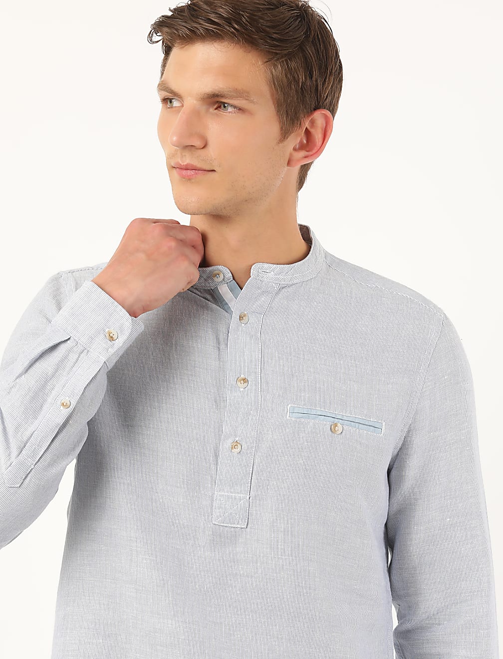 Linen Mix Self Design Mandarin Collar Shirt