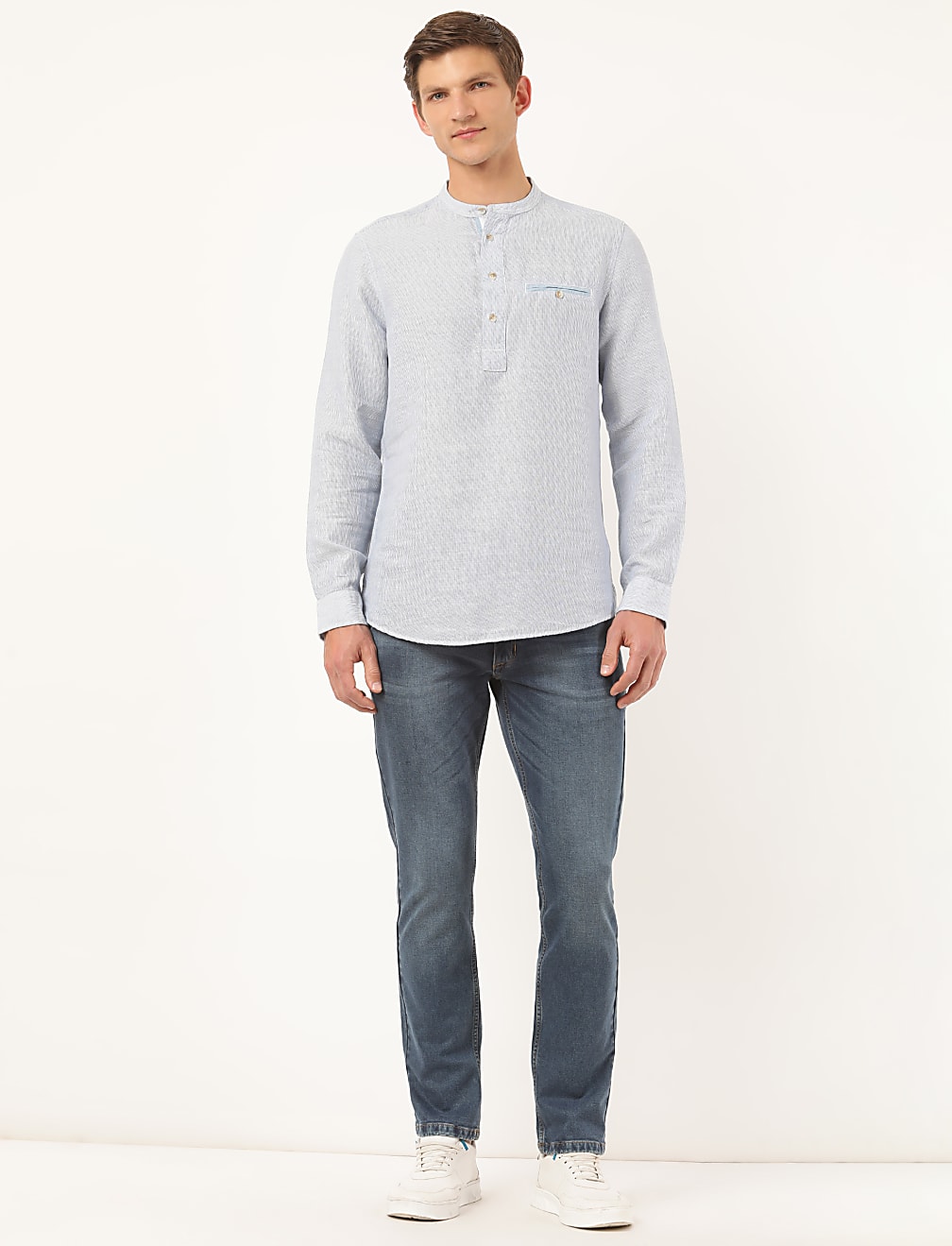 Linen Mix Self Design Mandarin Collar Shirt
