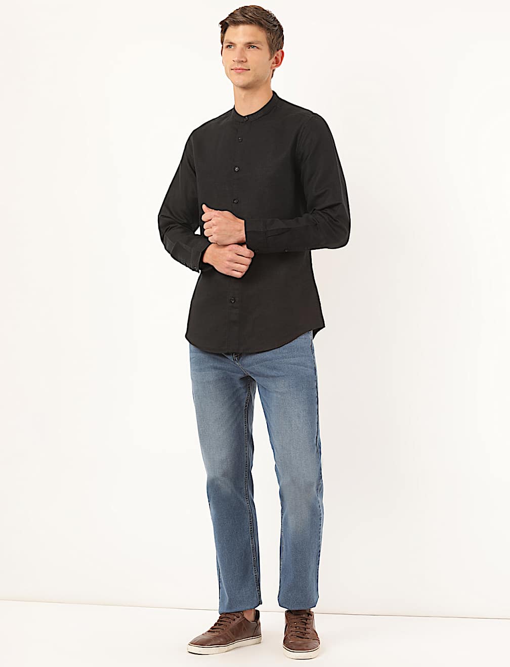 Linen Mix Plain Mandarin Collar Shirt