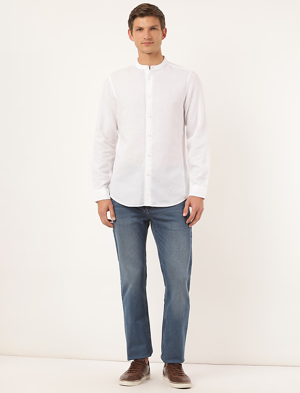 Linen Mix Plain Mandarin Collar Shirt
