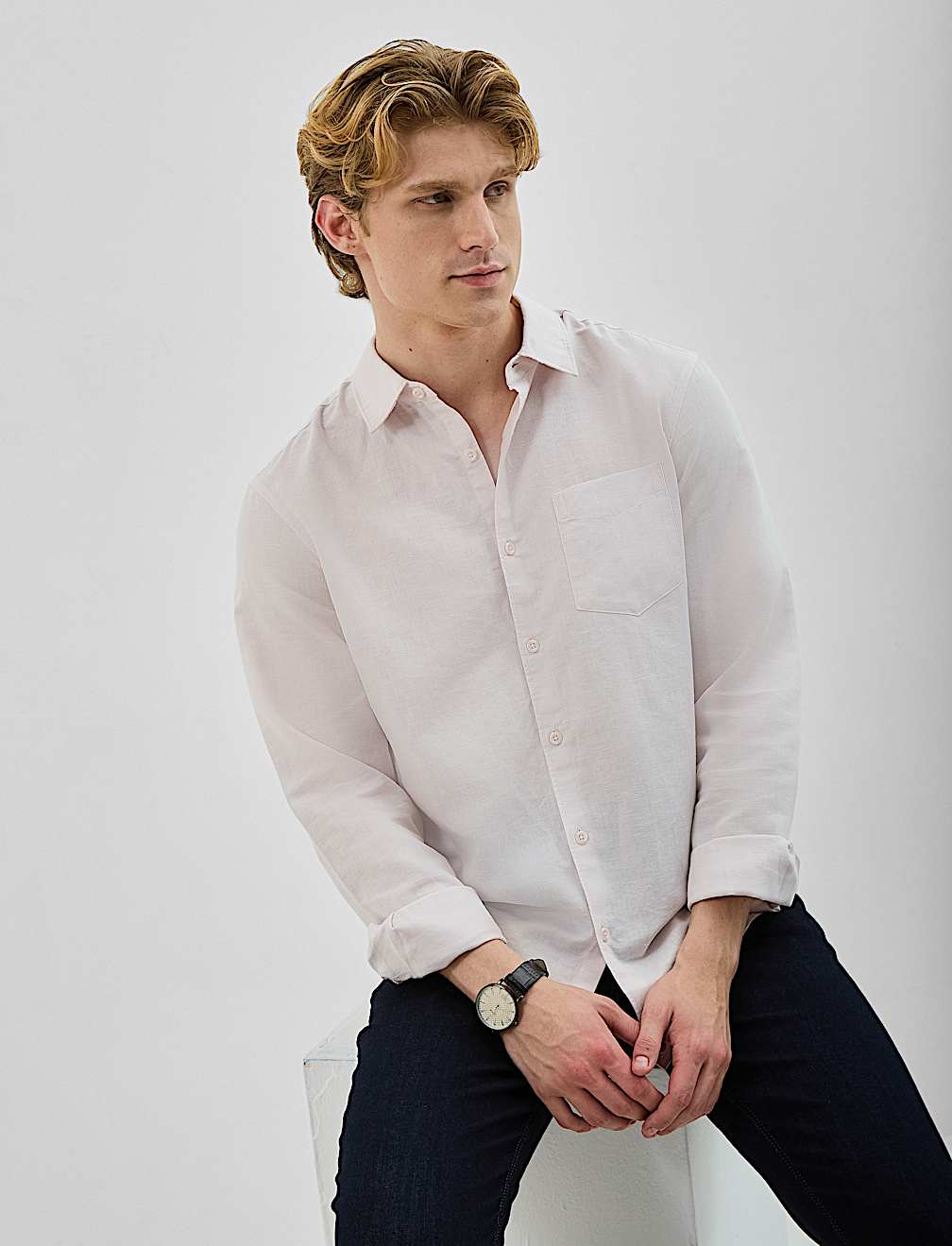 Classic Collar Linen Blend Shirt