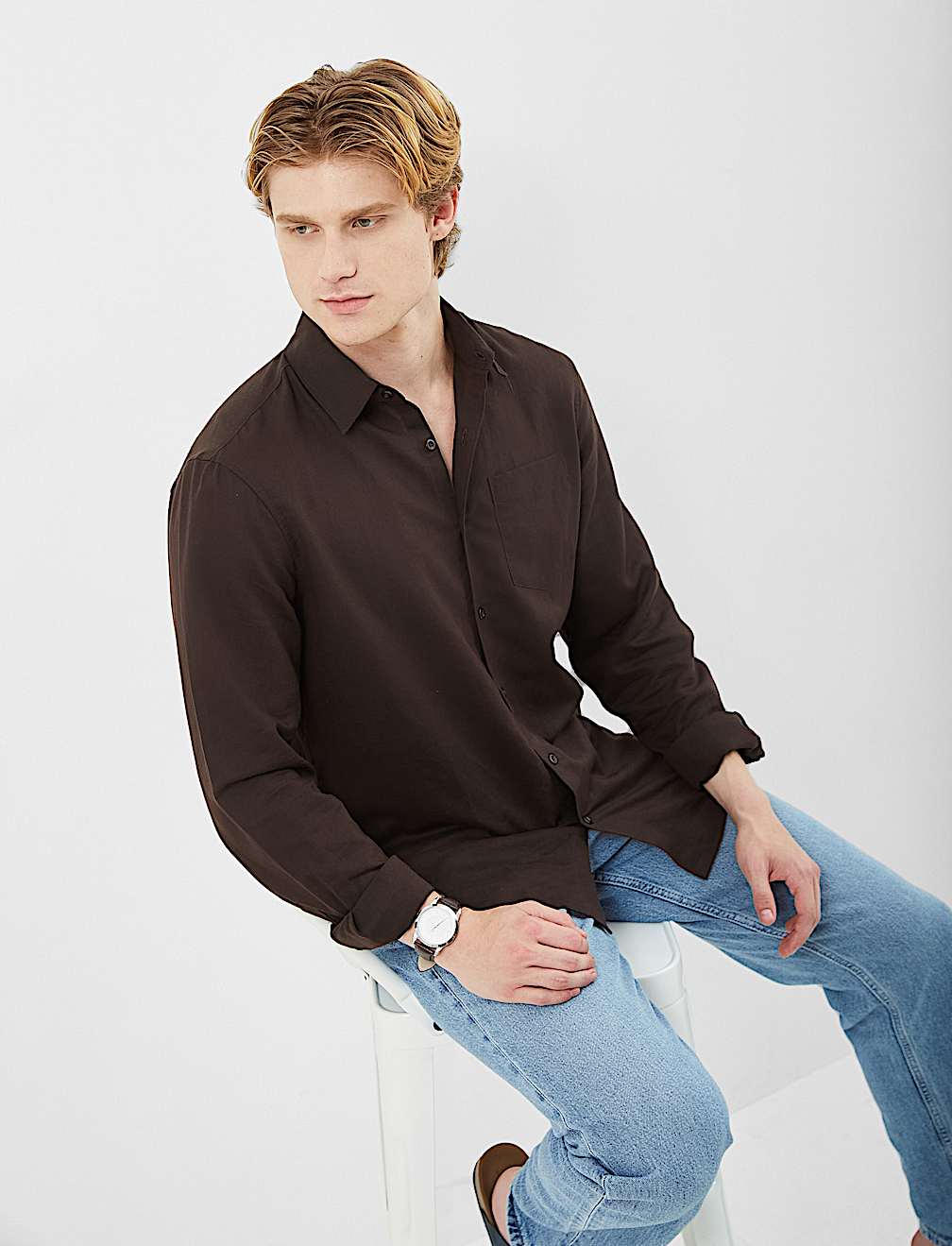 Classic Collar Linen Blend Shirt