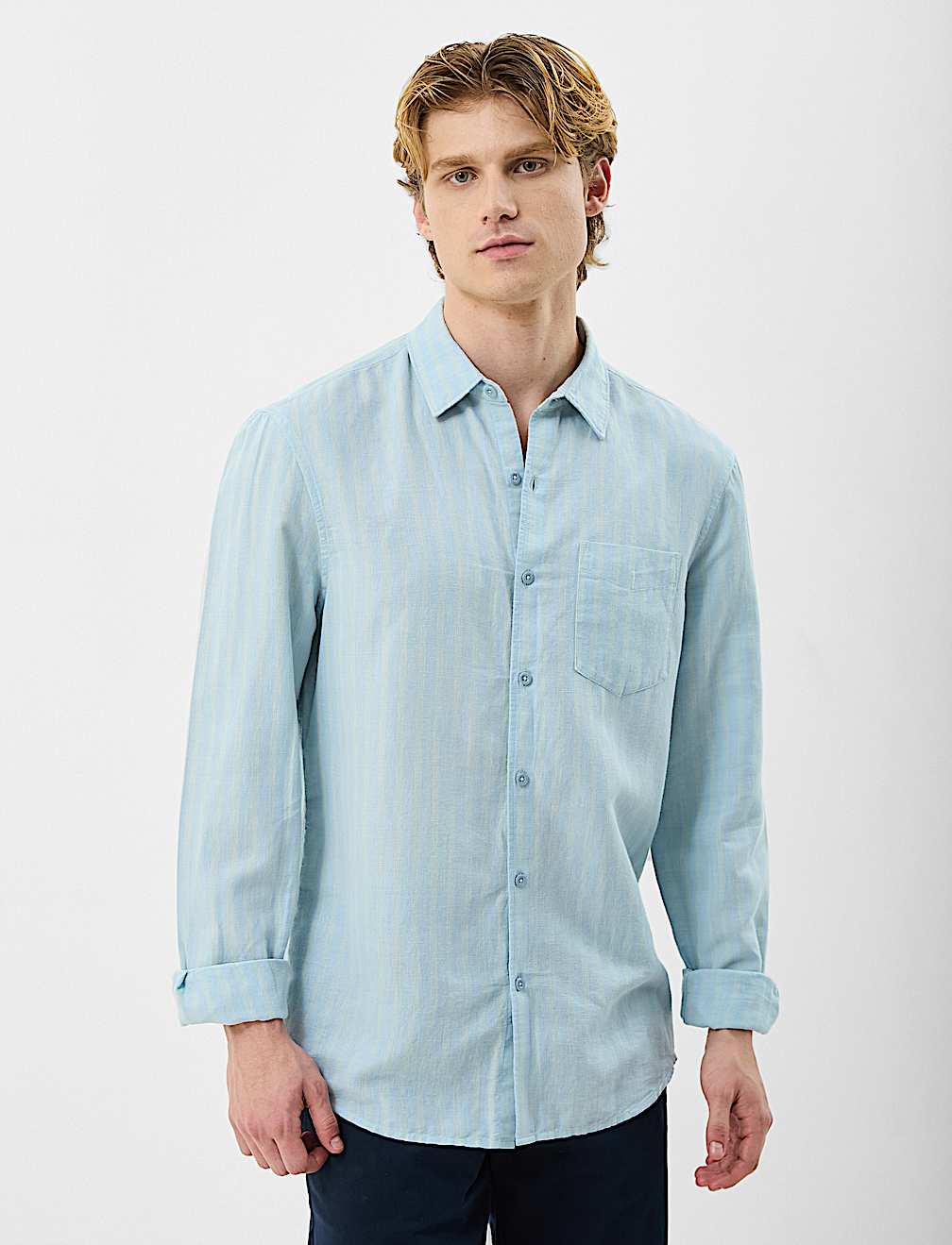 Classic Collar Linen Blend Stripe Shirt