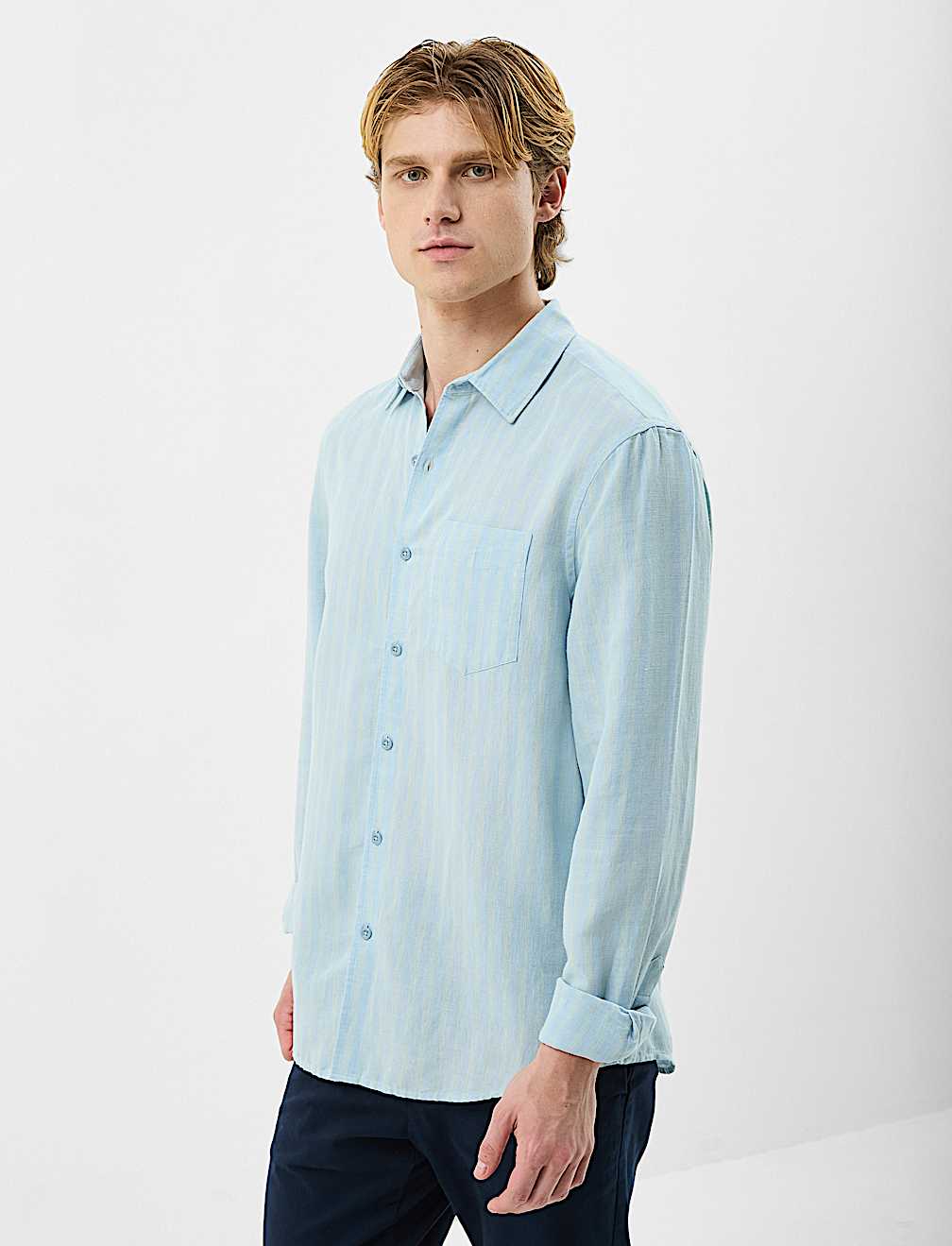 Classic Collar Linen Blend Stripe Shirt
