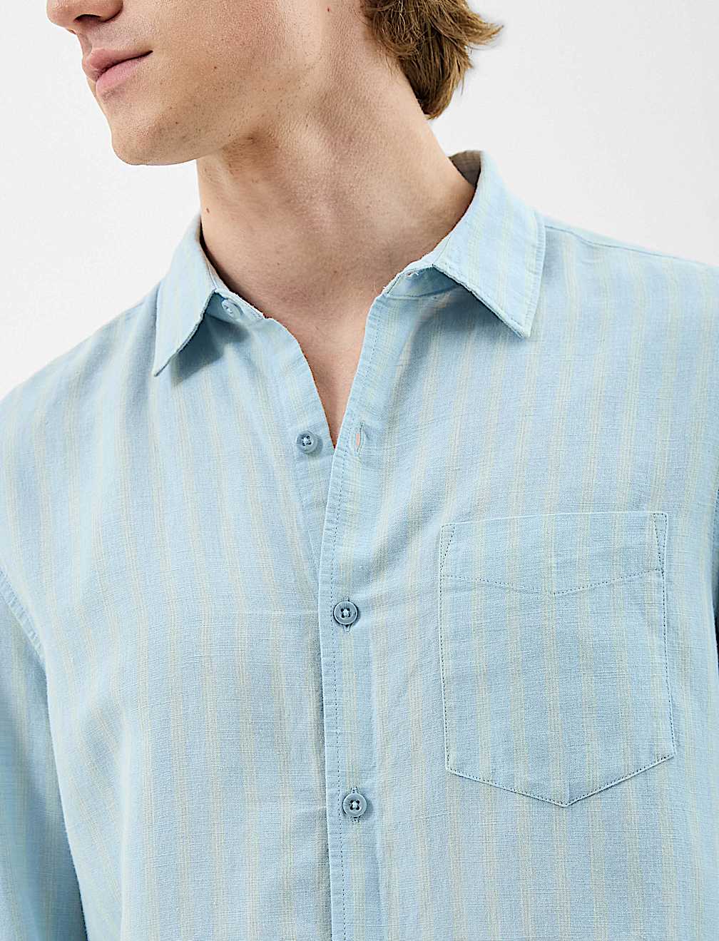 Classic Collar Linen Blend Stripe Shirt