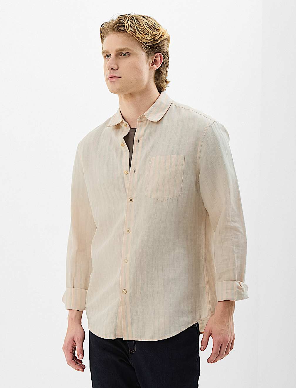Classic Collar Linen Blend Stripe Shirt
