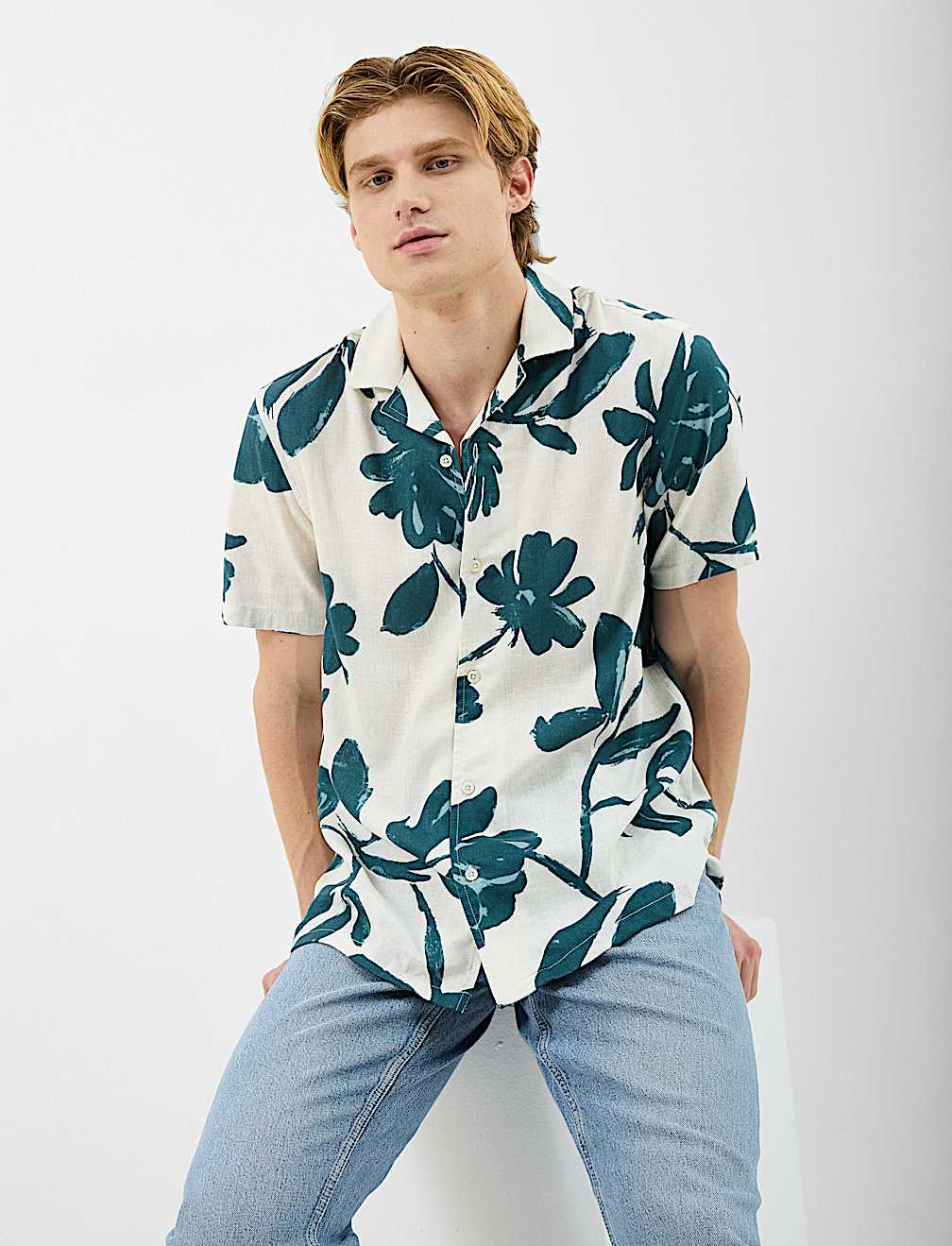 Revere Collar Floral Printed Linen Shirt