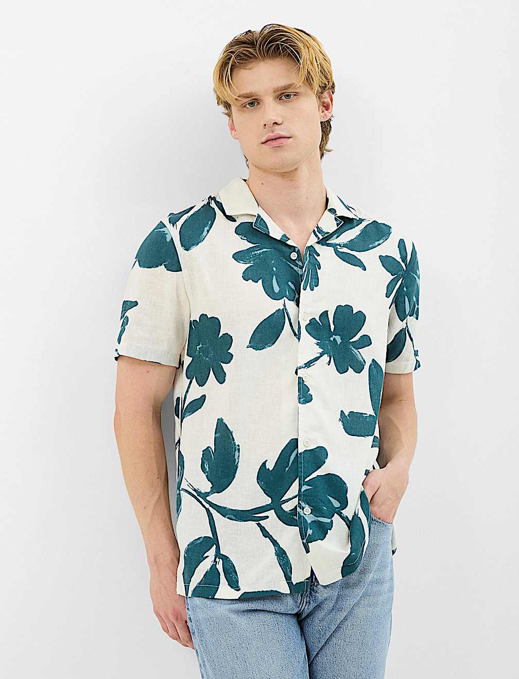 Revere Collar Floral Printed Linen Shirt