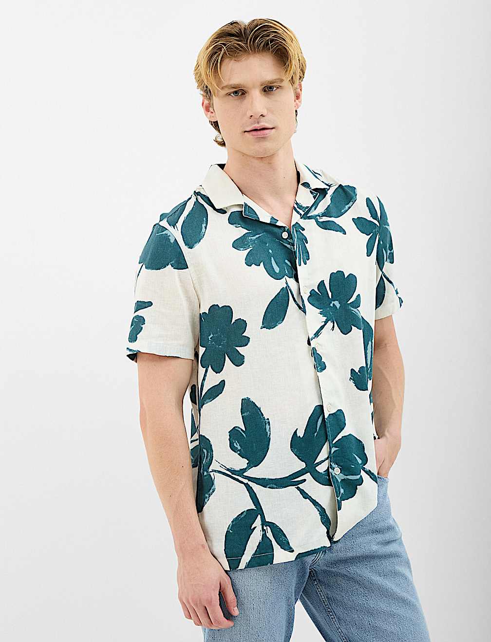 Revere Collar Floral Printed Linen Shirt