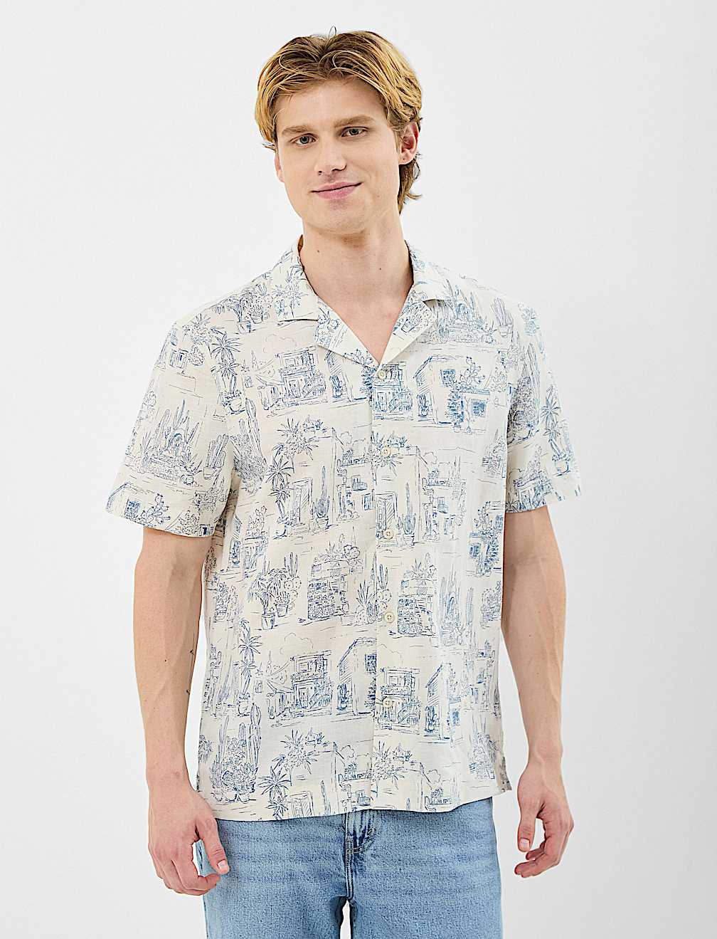 Camp Collar Linen Blend Printed Shirt