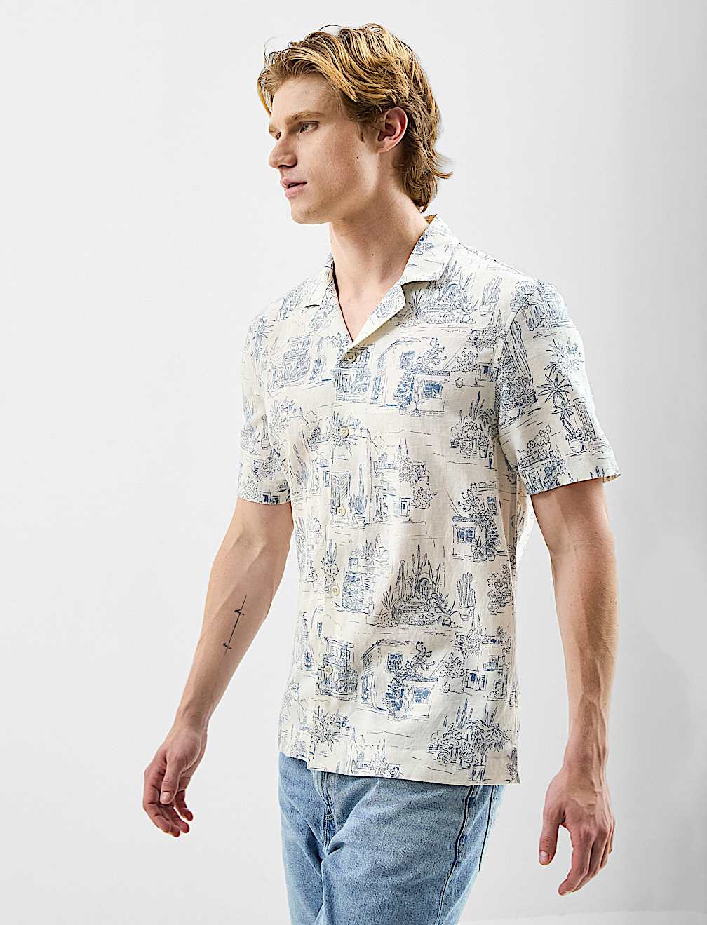 Camp Collar Linen Blend Printed Shirt