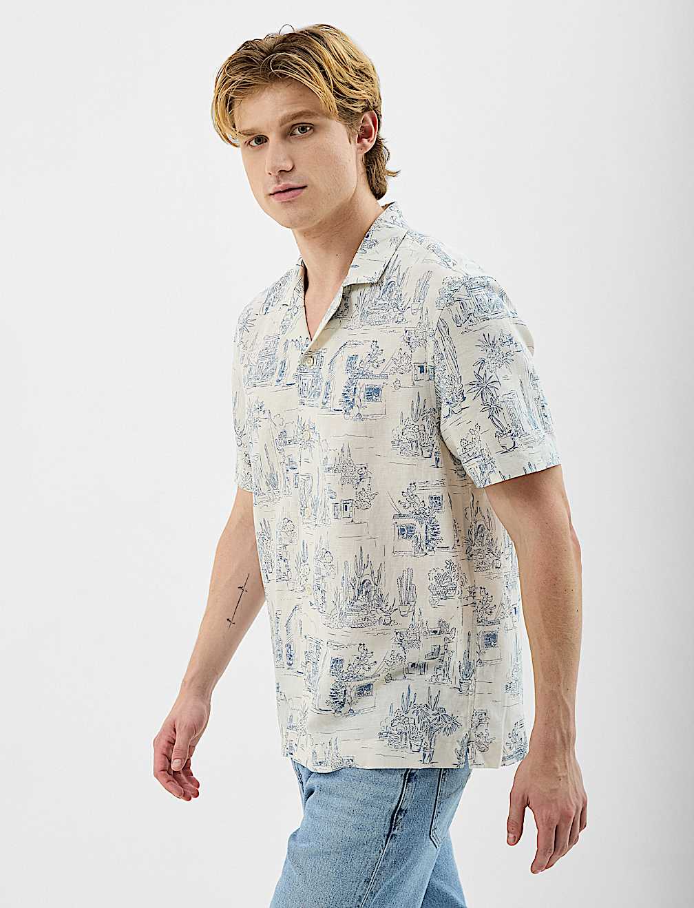 Camp Collar Linen Blend Printed Shirt