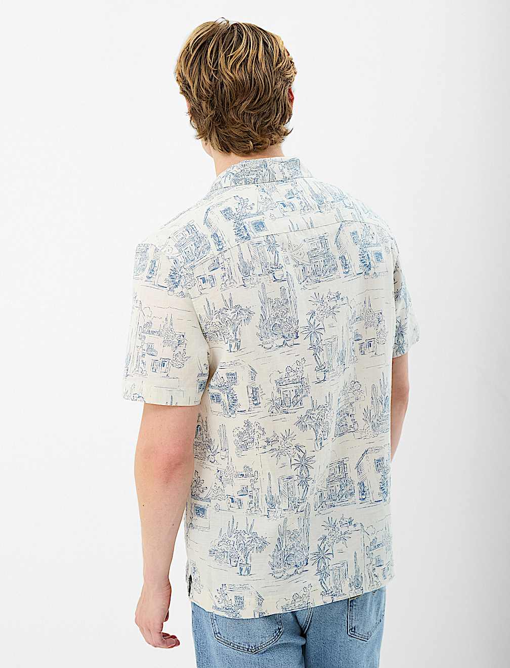 Camp Collar Linen Blend Printed Shirt