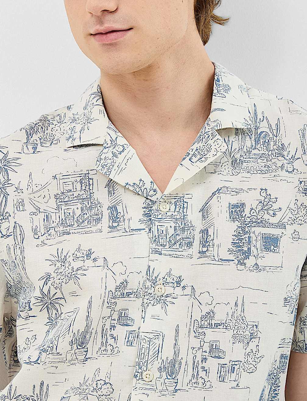 Camp Collar Linen Blend Printed Shirt