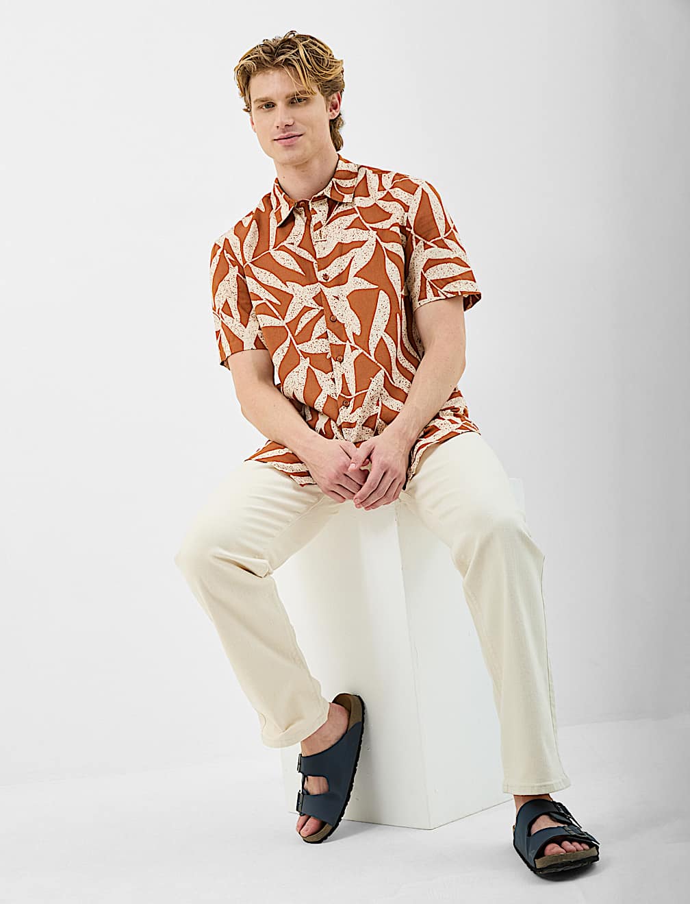 Short Sleeve Printed Shirt, Linen Blend