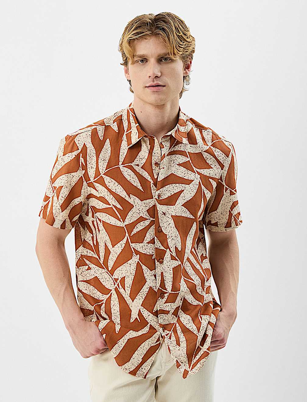 Short Sleeve Printed Shirt, Linen Blend