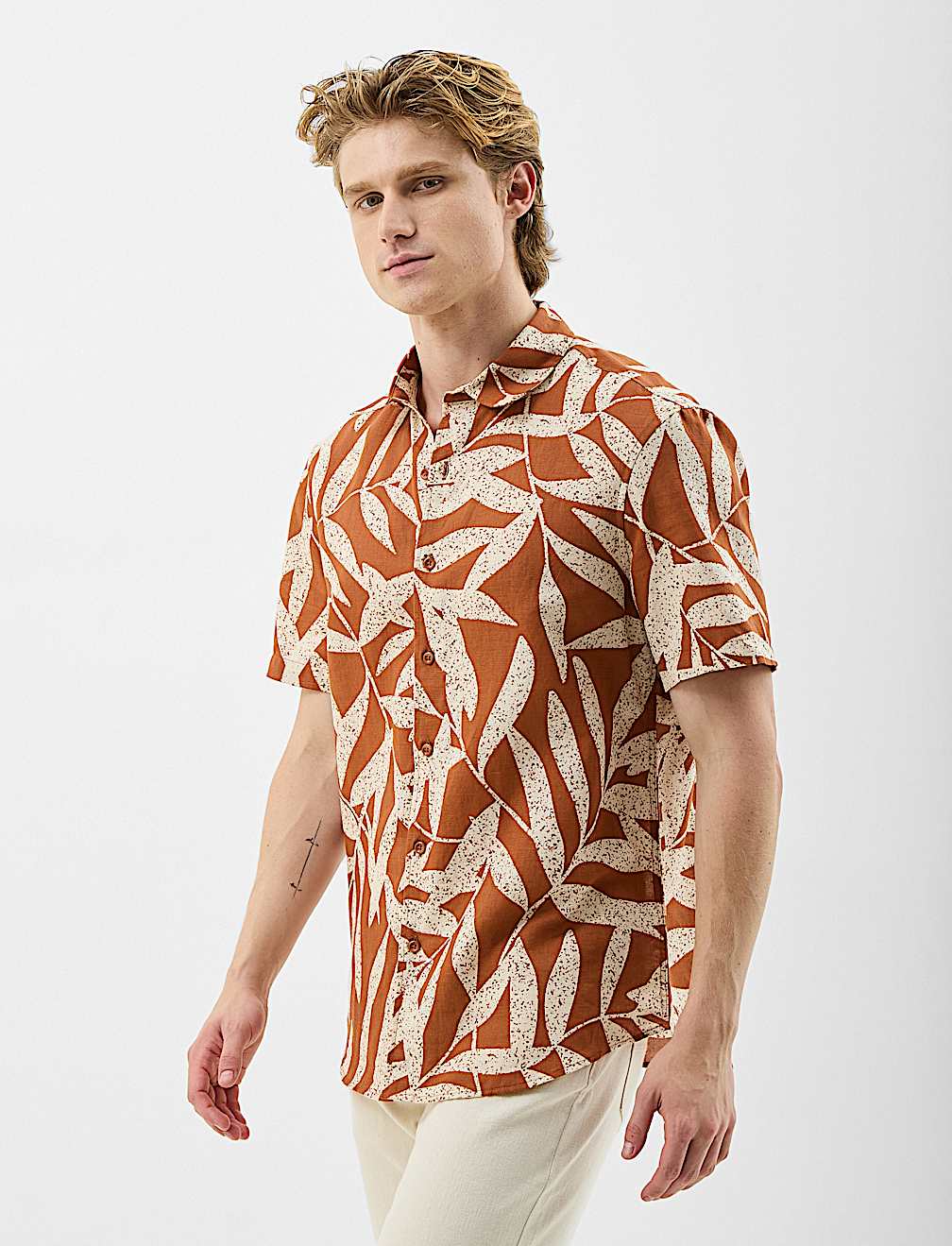 Short Sleeve Printed Shirt, Linen Blend