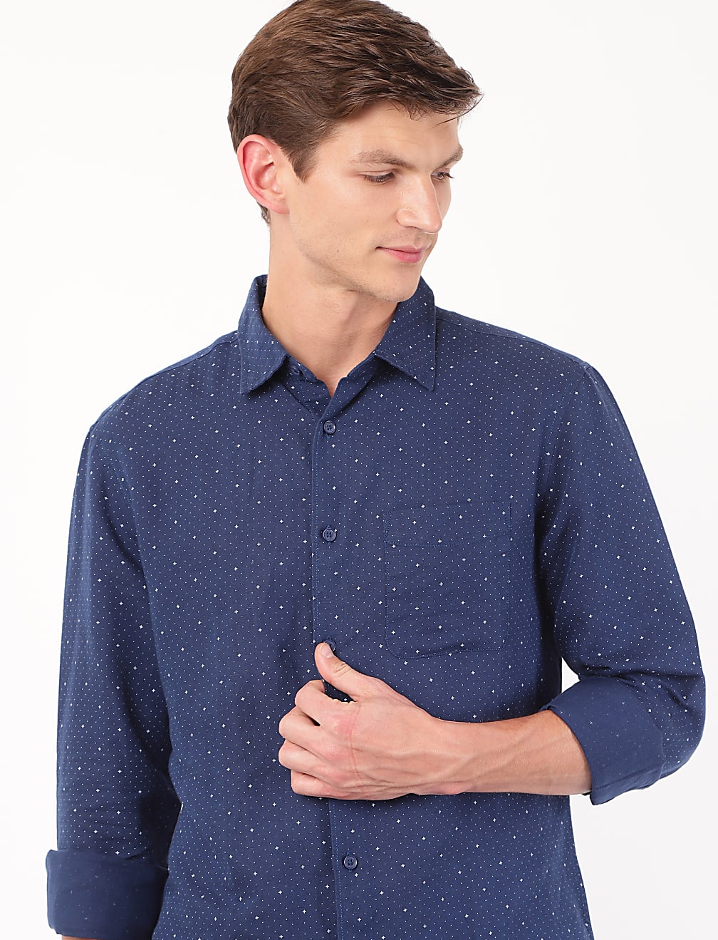 Linen Mix Printed Spread Collar Shirt