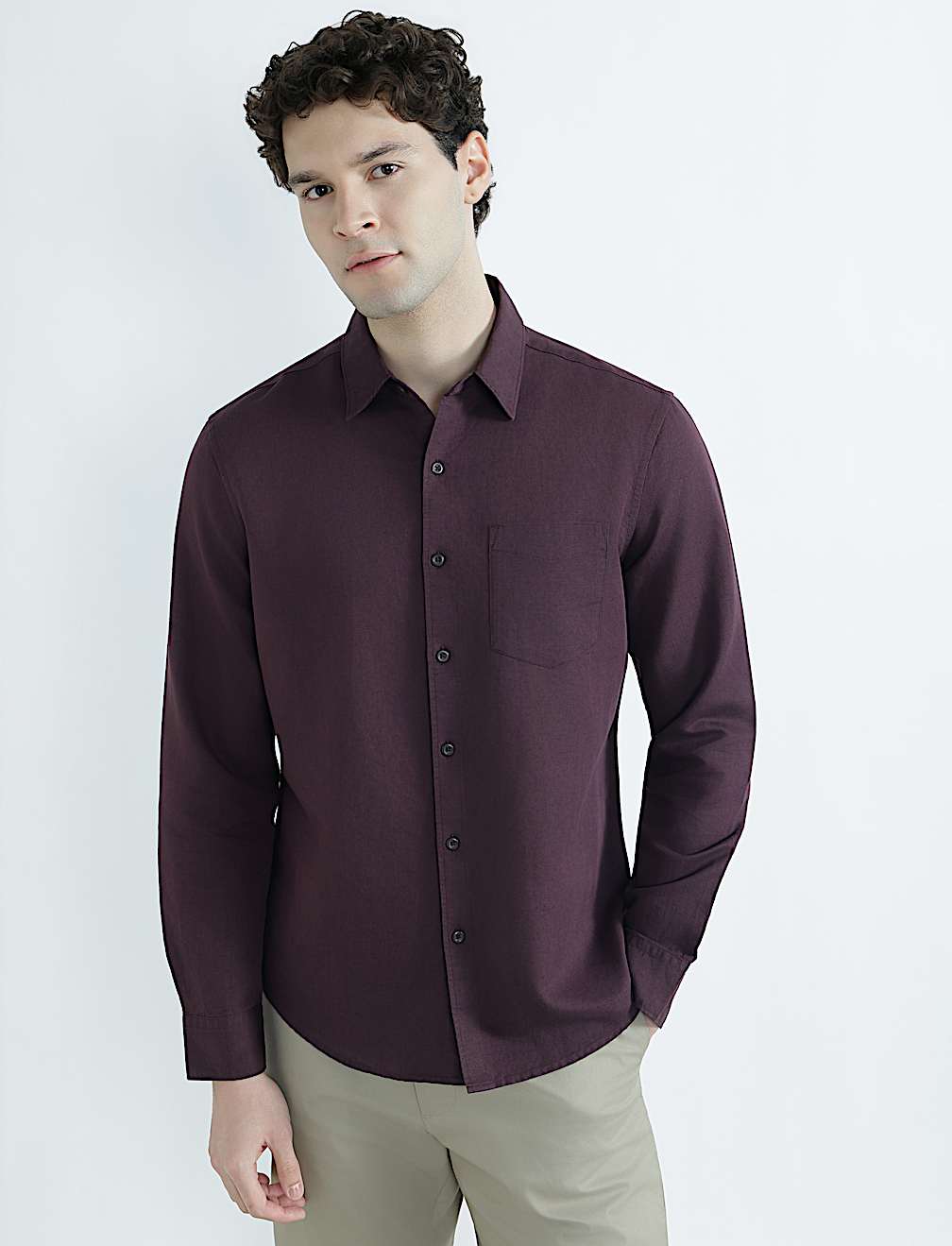 Linen Rich Spread Collar Plain Shirt