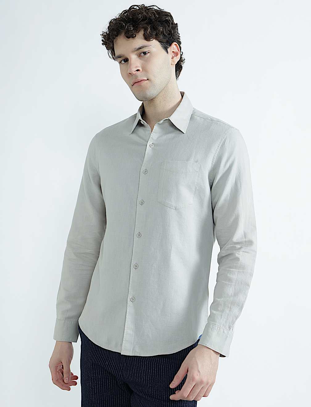 Linen Rich Spread Collar Plain Shirt