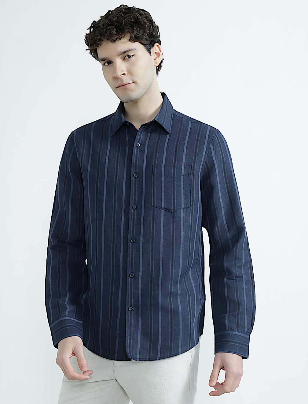 Linen Rich Spread Collar Striped Shirt