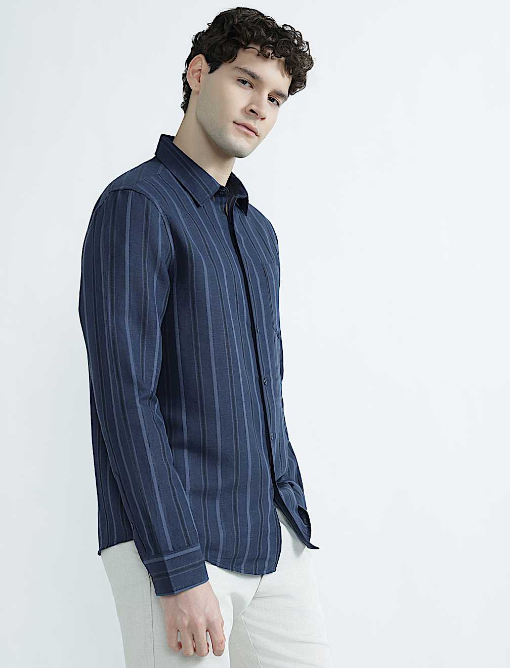 Linen Rich Spread Collar Striped Shirt