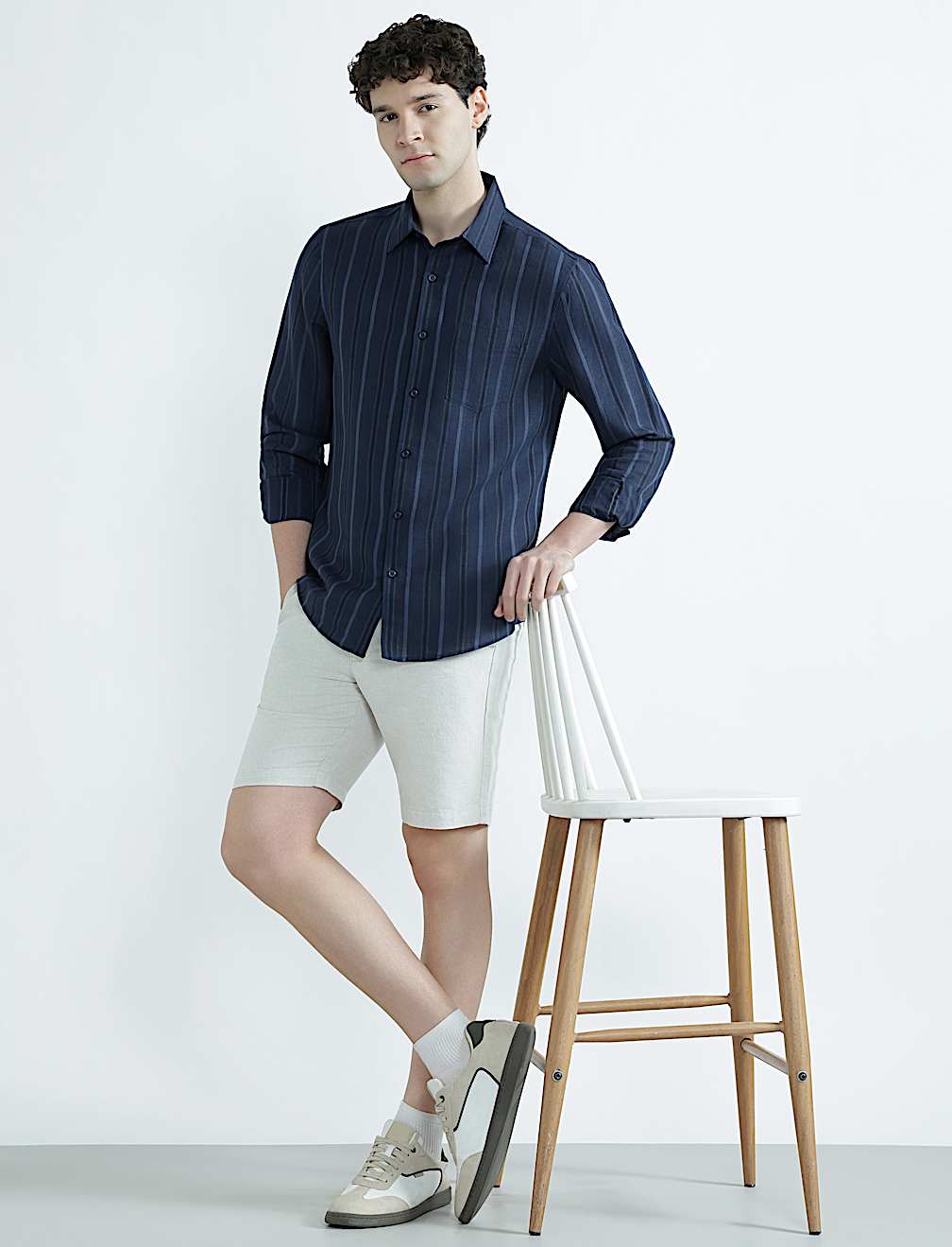 Linen Rich Spread Collar Striped Shirt