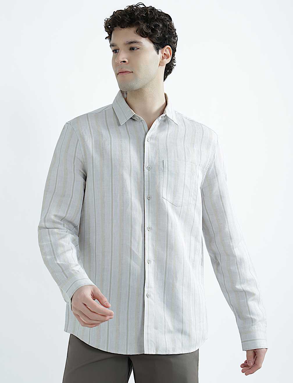Linen Rich Spread Collar Striped Shirt