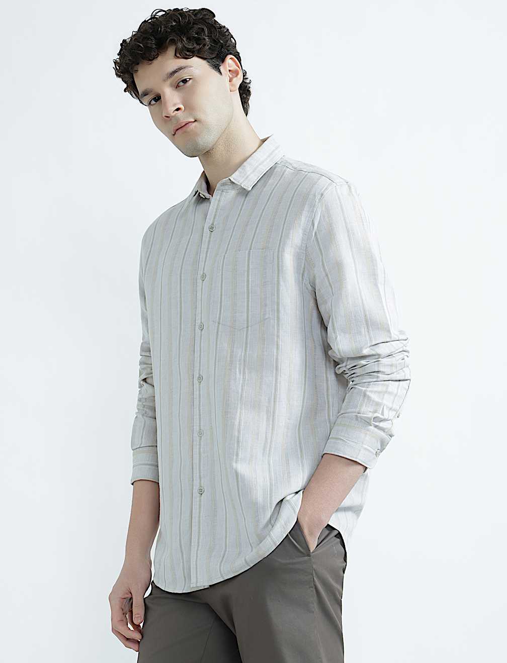 Linen Rich Spread Collar Striped Shirt