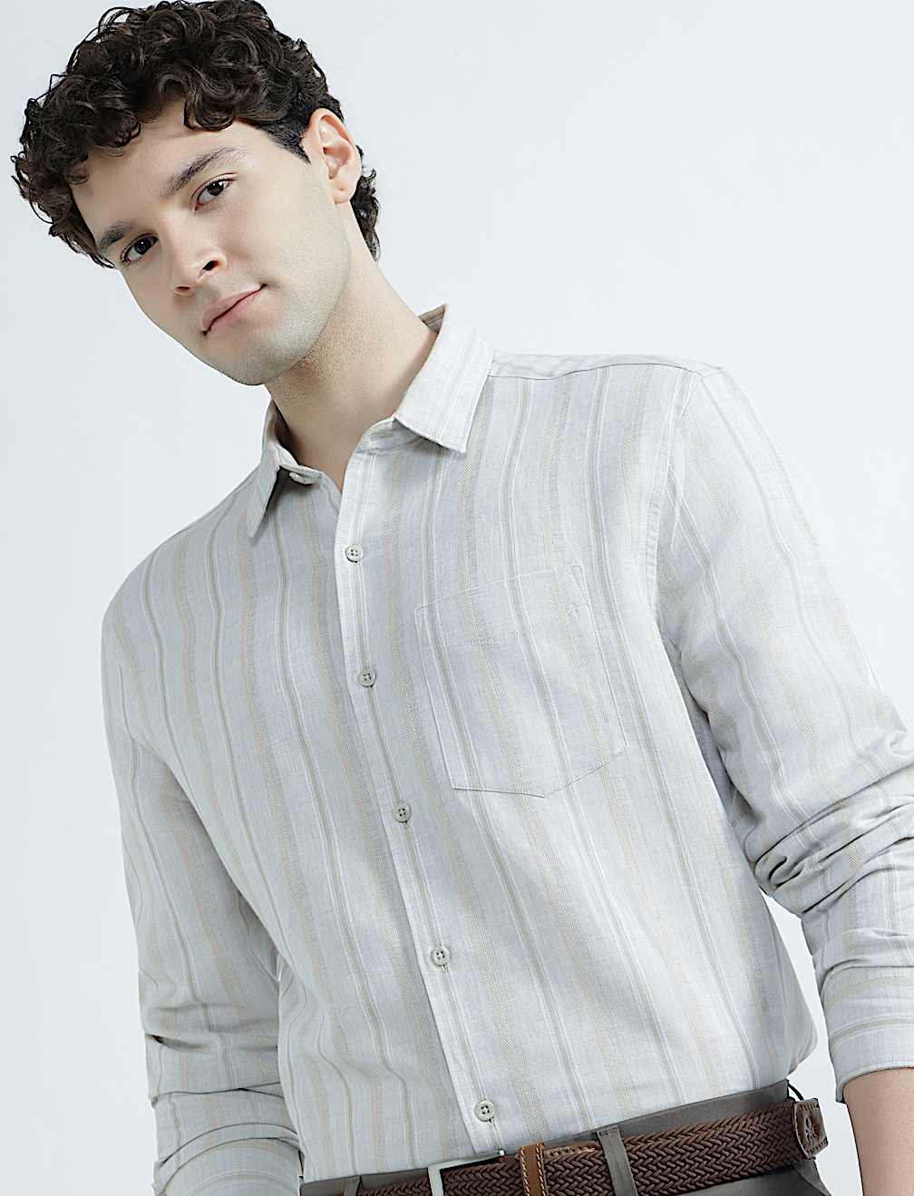 Linen Rich Spread Collar Striped Shirt